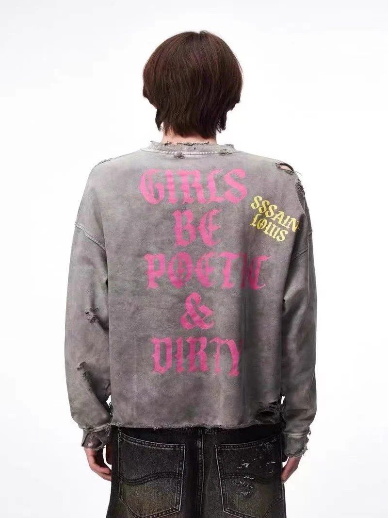 Water Washed Hole Damaged SSSAINT LOUIS Holy Female Print Sweatshirts Men Women Loose High Quality Round Neck Sweatshirts Tops