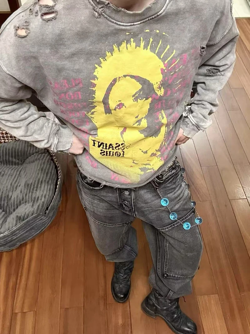 Water Washed Hole Damaged SSSAINT LOUIS Holy Female Print Sweatshirts Men Women Loose High Quality Round Neck Sweatshirts Tops