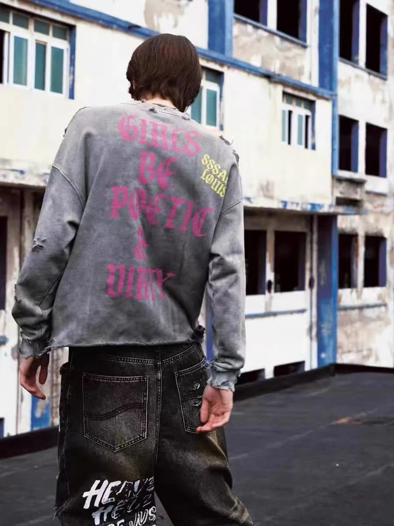 Water Washed Hole Damaged SSSAINT LOUIS Holy Female Print Sweatshirts Men Women Loose High Quality Round Neck Sweatshirts Tops