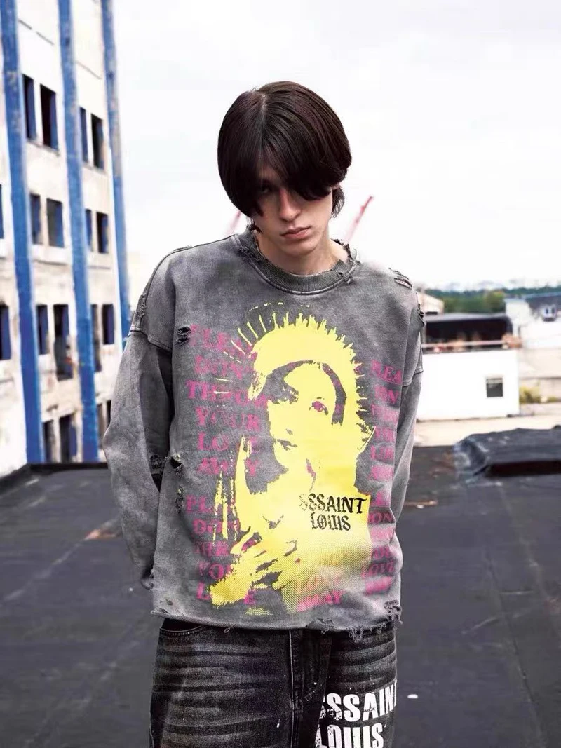 Water Washed Hole Damaged SSSAINT LOUIS Holy Female Print Sweatshirts Men Women Loose High Quality Round Neck Sweatshirts Tops