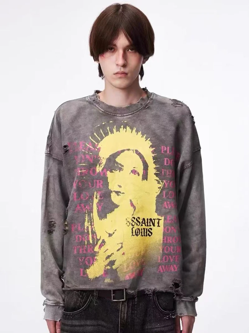 Water Washed Hole Damaged SSSAINT LOUIS Holy Female Print Sweatshirts Men Women Loose High Quality Round Neck Sweatshirts Tops