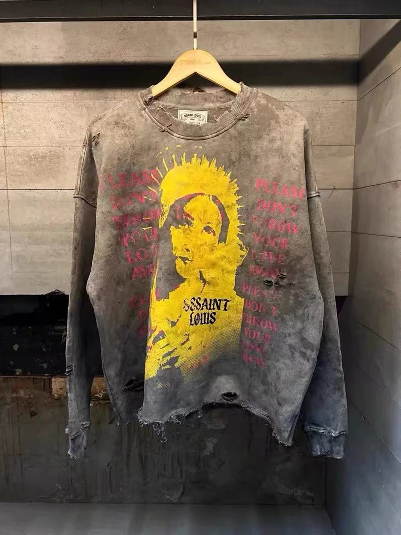 Water Washed Hole Damaged SSSAINT LOUIS Holy Female Print Sweatshirts Men Women Loose High Quality Round Neck Sweatshirts Tops