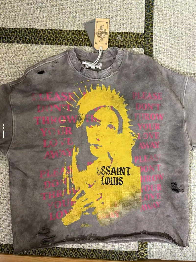 Water Washed Hole Damaged SSSAINT LOUIS Holy Female Print Sweatshirts Men Women Loose High Quality Round Neck Sweatshirts Tops