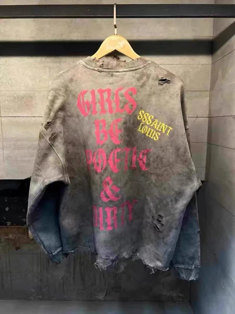 Water Washed Hole Damaged SSSAINT LOUIS Holy Female Print Sweatshirts Men Women Loose High Quality Round Neck Sweatshirts Tops