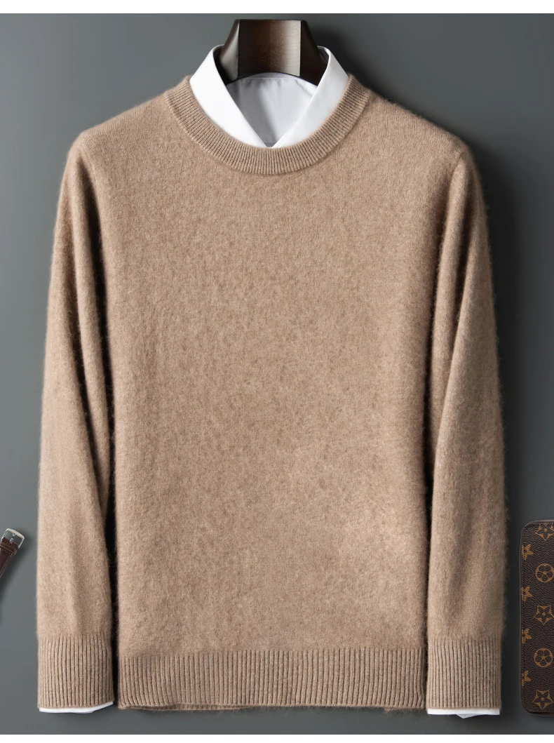 100% Pure Mink Cashmere Men's Round Neck Sweater For Autumn Winter, Casual Knitted Long Sleeved Pullover Sweater Men's Clothng