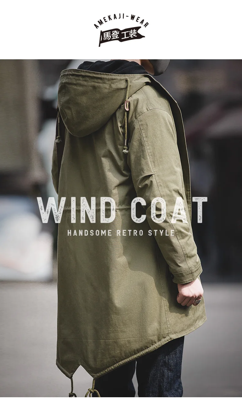 Maden Men's Thick Hooded M-51 Fishtail Cotton Coat Plus Velvet Parka Jacket Green Windbreaker Winter Autumn Men Trench Coat