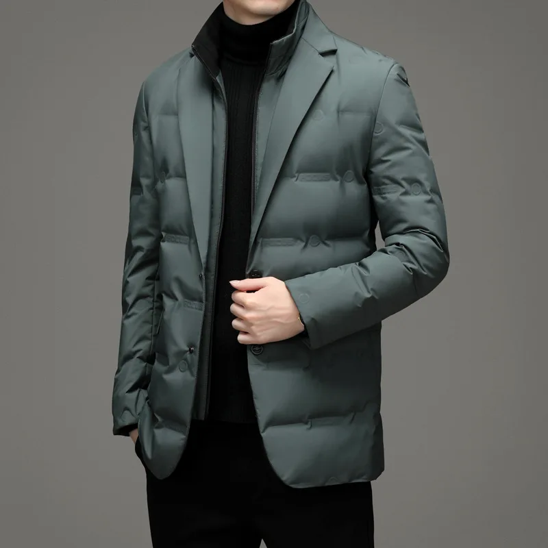 Men's Solid Color Detachable Stand Collar Long Sleeve Casual Business Trendy Down Coats Winter New Fashion Suit Blazers Clothes