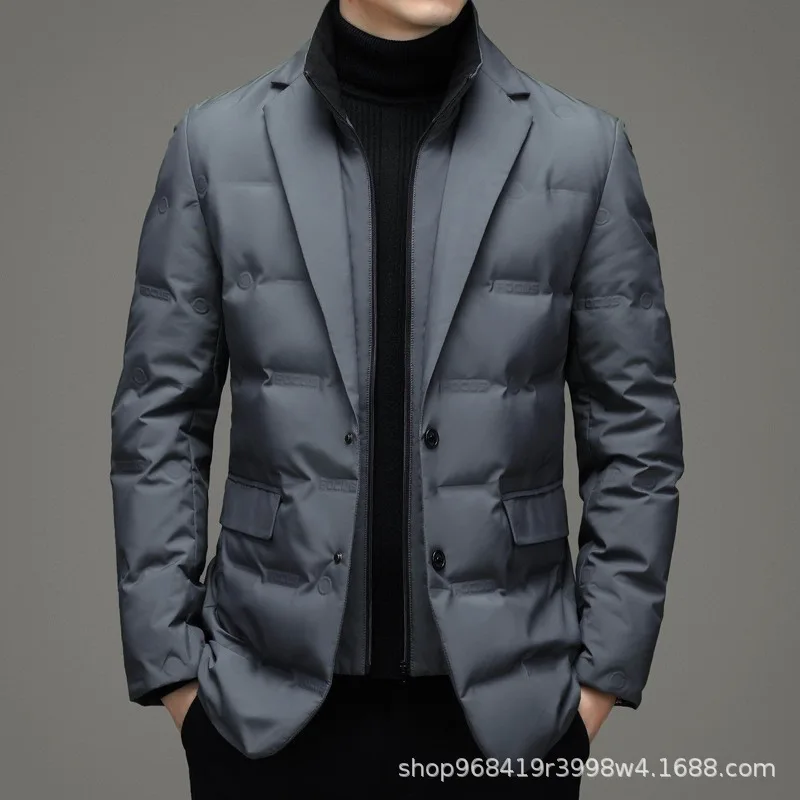 Men's Solid Color Detachable Stand Collar Long Sleeve Casual Business Trendy Down Coats Winter New Fashion Suit Blazers Clothes