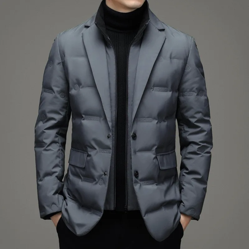 Men's Solid Color Detachable Stand Collar Long Sleeve Casual Business Trendy Down Coats Winter New Fashion Suit Blazers Clothes
