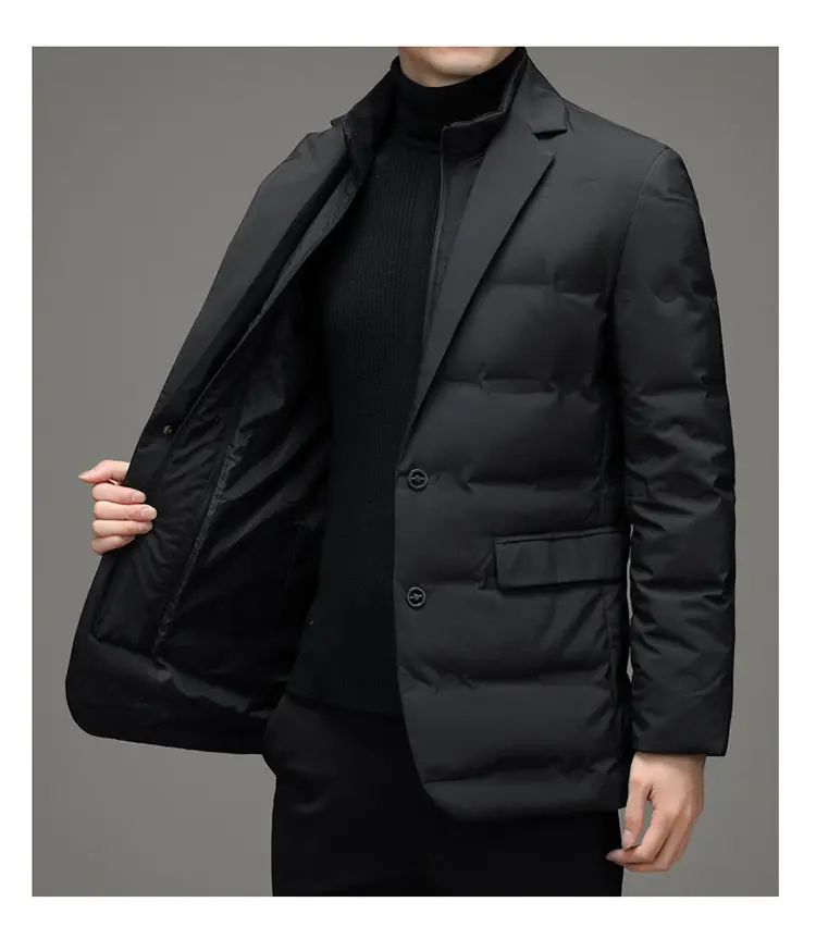 Men's Solid Color Detachable Stand Collar Long Sleeve Casual Business Trendy Down Coats Winter New Fashion Suit Blazers Clothes
