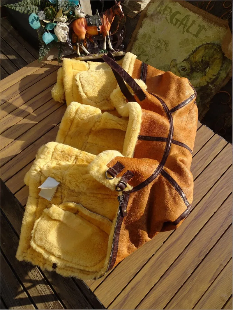 Vintage Real Fur Men Winter Warm Wool Genuine Leather Motorcycle Jacket Slim Fit Turndown Collar Classic Pilot Shearling Coat