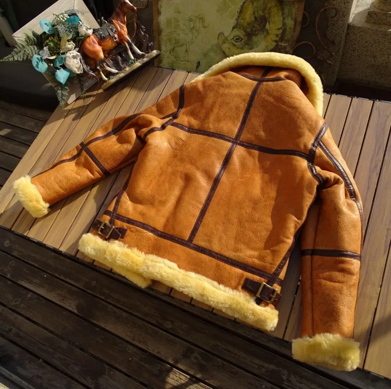 Vintage Real Fur Men Winter Warm Wool Genuine Leather Motorcycle Jacket Slim Fit Turndown Collar Classic Pilot Shearling Coat