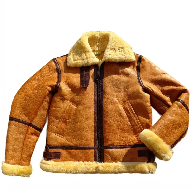 Vintage Real Fur Men Winter Warm Wool Genuine Leather Motorcycle Jacket Slim Fit Turndown Collar Classic Pilot Shearling Coat