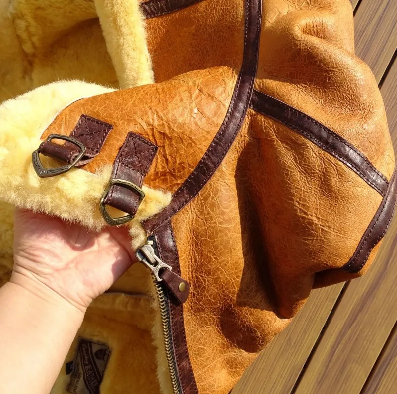 Vintage Real Fur Men Winter Warm Wool Genuine Leather Motorcycle Jacket Slim Fit Turndown Collar Classic Pilot Shearling Coat