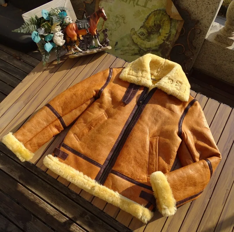 Vintage Real Fur Men Winter Warm Wool Genuine Leather Motorcycle Jacket Slim Fit Turndown Collar Classic Pilot Shearling Coat