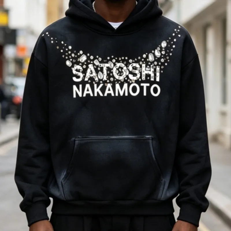Oversize Balck Satoshi Hoody Retro Spray Dirty Rhinestone Button Stud Necklace Logo Hooded Sweatshirts 2XL Men Women Streetwear