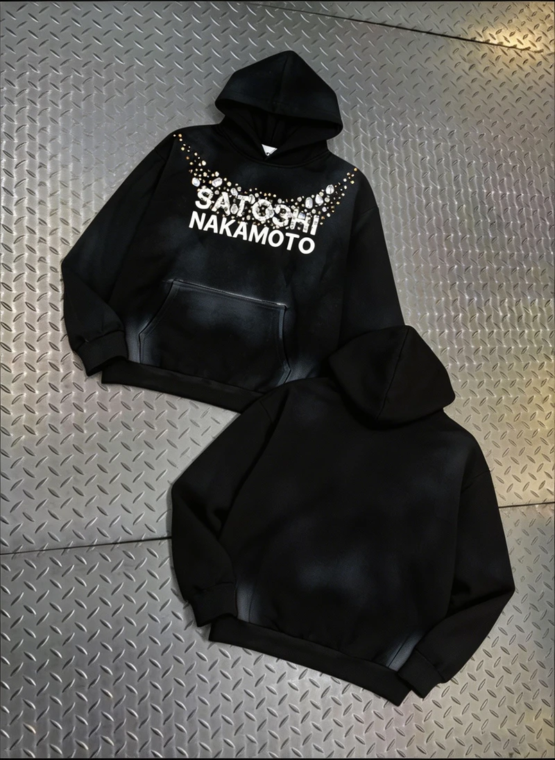 Oversize Balck Satoshi Hoody Retro Spray Dirty Rhinestone Button Stud Necklace Logo Hooded Sweatshirts 2XL Men Women Streetwear
