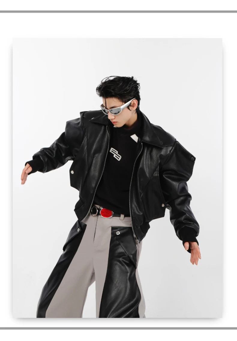 Nerazzurri Spring Autumn Cool Short Oversized Black Soft Pu Leather Jacket Men with Shoulder Pads Luxury Designer Coat 2023