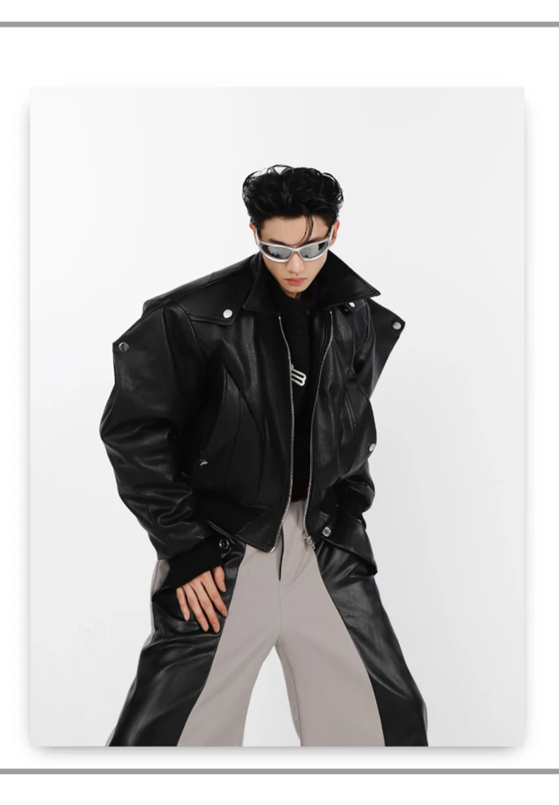 Nerazzurri Spring Autumn Cool Short Oversized Black Soft Pu Leather Jacket Men with Shoulder Pads Luxury Designer Coat 2023