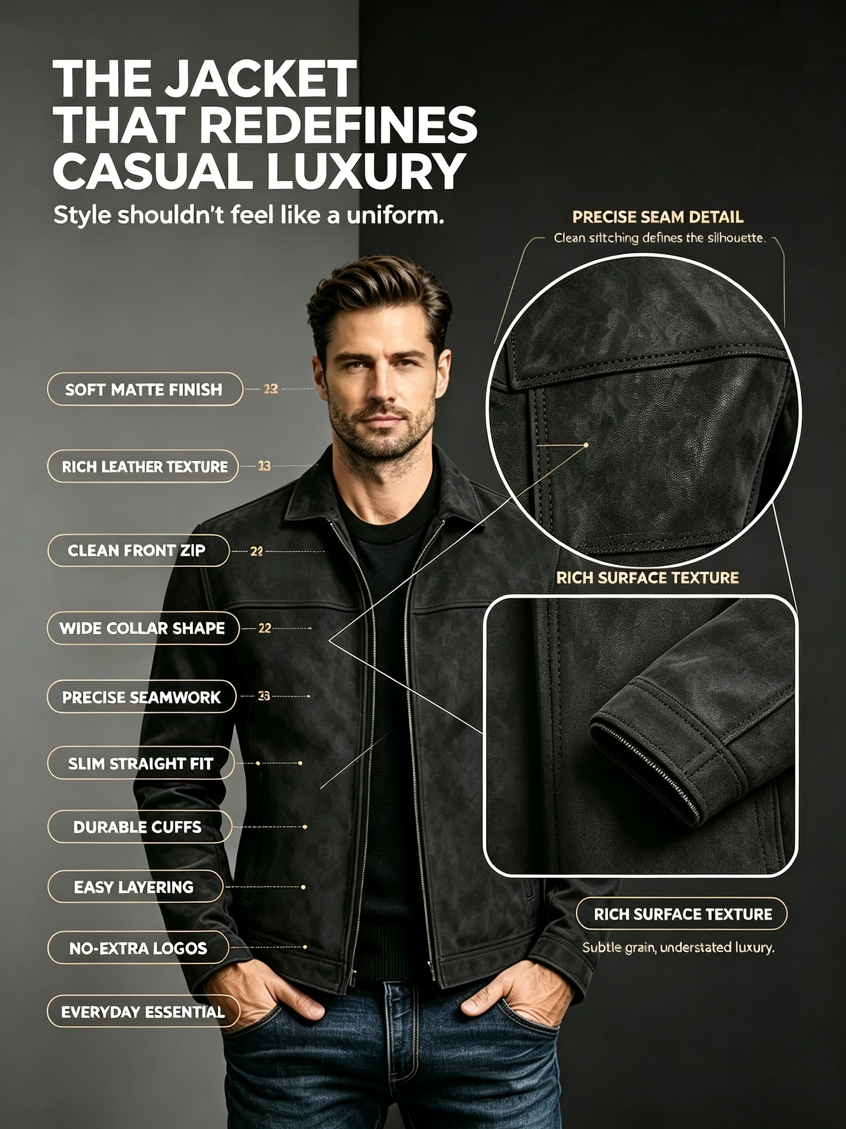 Men Retro Leather Jacket Zip‑Up Front Closure Long Sleeve Punk Outerwear High‑Quality Spring Autumn Men's Jackets & Light Coats