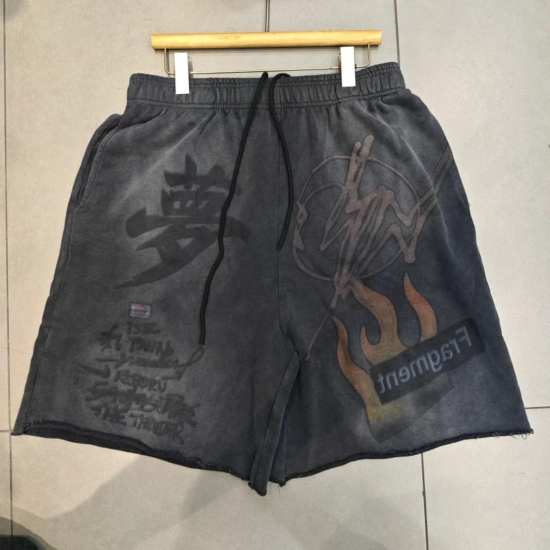 Men Cactus Jack Graffiti Printed Shorts Washed Loose Hip Hop Streetwear Drawstring Shorts