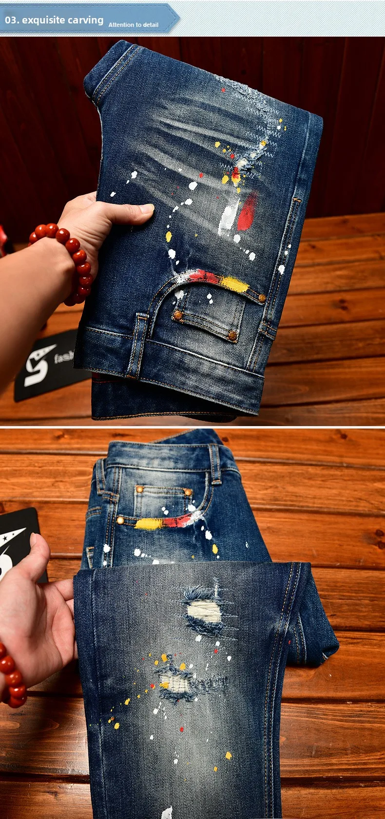 Paint Print Retro Jeans for Men Street Style Trendy Handsome Men's Clothing Distressed Slim Fit American Style Men's Pants