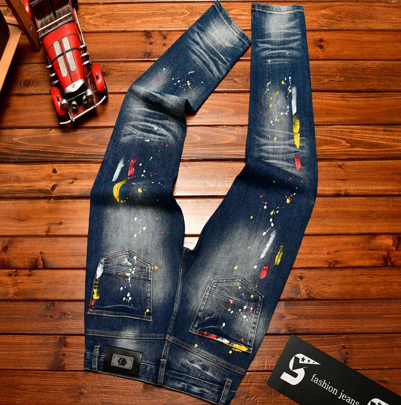 Paint Print Retro Jeans for Men Street Style Trendy Handsome Men's Clothing Distressed Slim Fit American Style Men's Pants