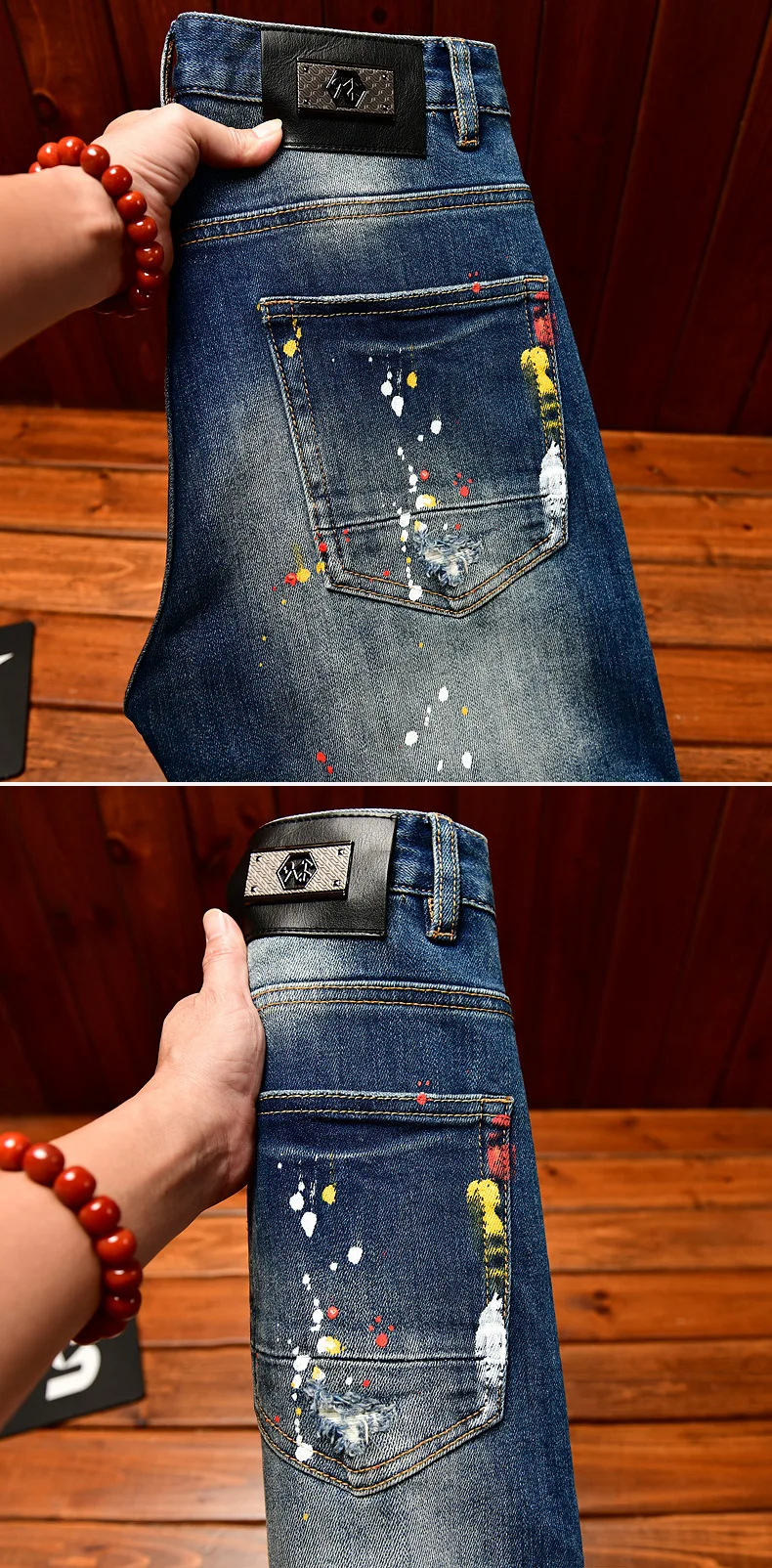 Paint Print Retro Jeans for Men Street Style Trendy Handsome Men's Clothing Distressed Slim Fit American Style Men's Pants