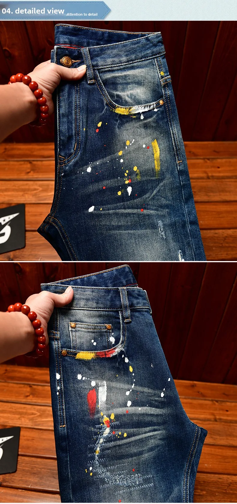 Paint Print Retro Jeans for Men Street Style Trendy Handsome Men's Clothing Distressed Slim Fit American Style Men's Pants