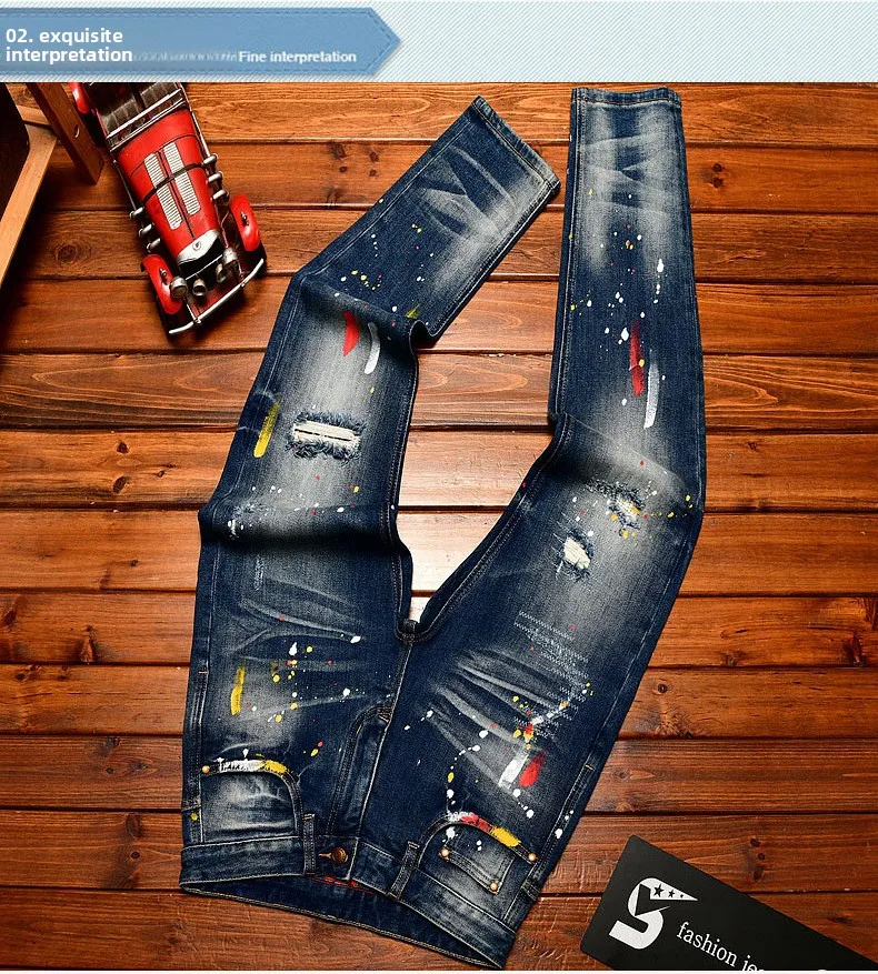 Paint Print Retro Jeans for Men Street Style Trendy Handsome Men's Clothing Distressed Slim Fit American Style Men's Pants
