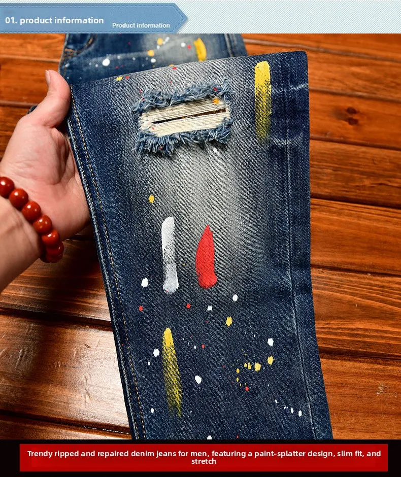 Paint Print Retro Jeans for Men Street Style Trendy Handsome Men's Clothing Distressed Slim Fit American Style Men's Pants