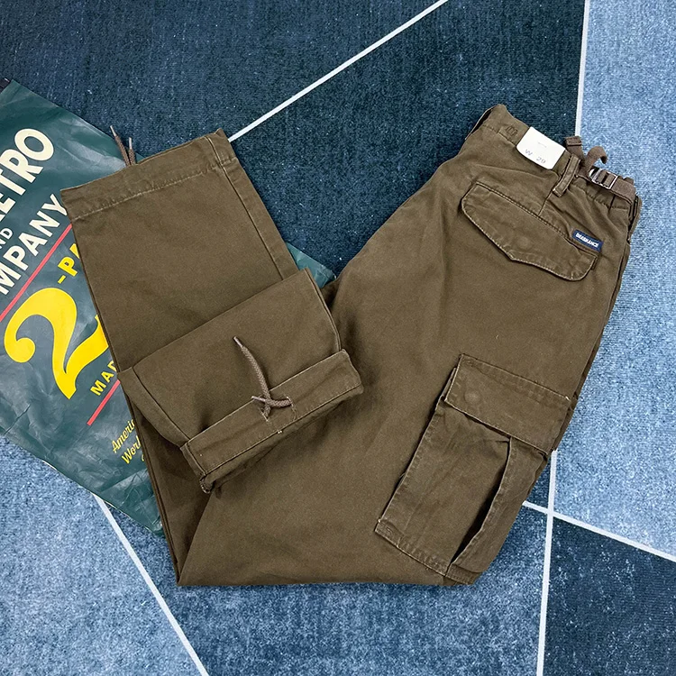 Paris Buckle Heavyweight 100% Cotton Canvas Workwear Pants Men's Multi Pocket Straight Loose Autumn Thick American Casual Retro