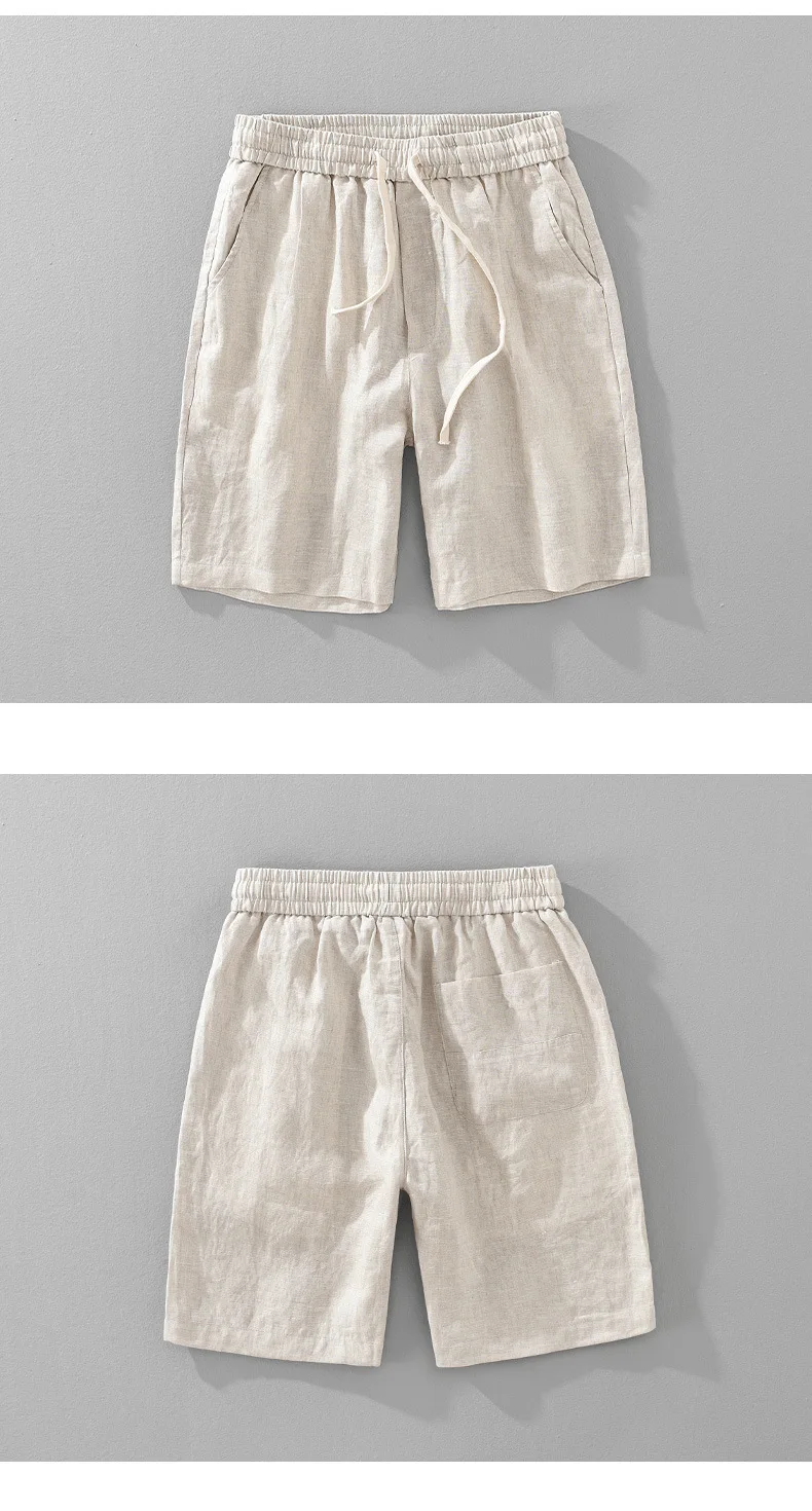 Summer New Casual Breathable Pure Linen Shorts for Men Clothing Straight Solid Color Summer Pants EC1362