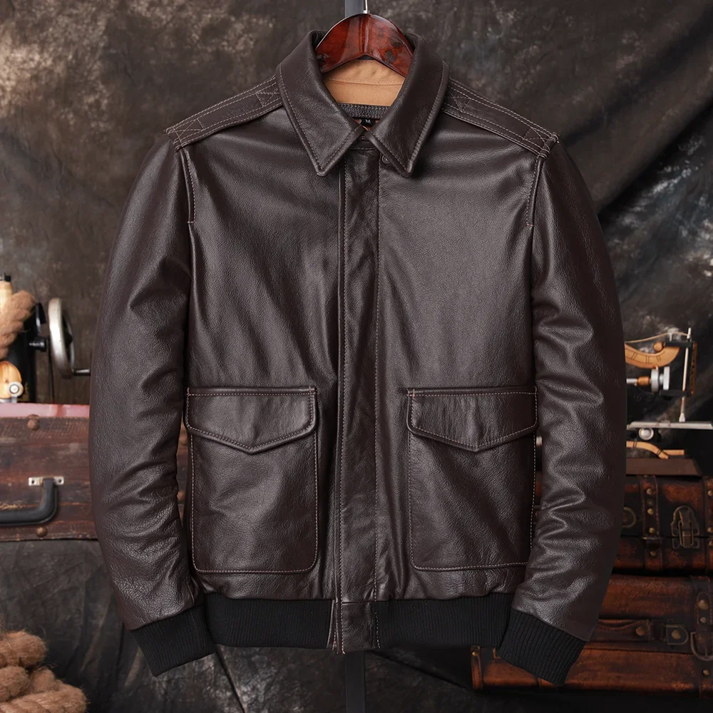 Bomber A2 Pilot Genuine Leather Jacket Men Warm 100% Cow Leather Air Force Coat Dark Brown Men's Cowhide Motorcycle Jackets