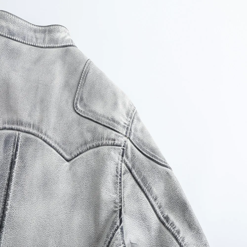 Vintage Distressed Genuine Leather Jacket Men Retro Dirty Finish Stand Collar Classic Real Cowhide Leather Coat Fashion Casual D