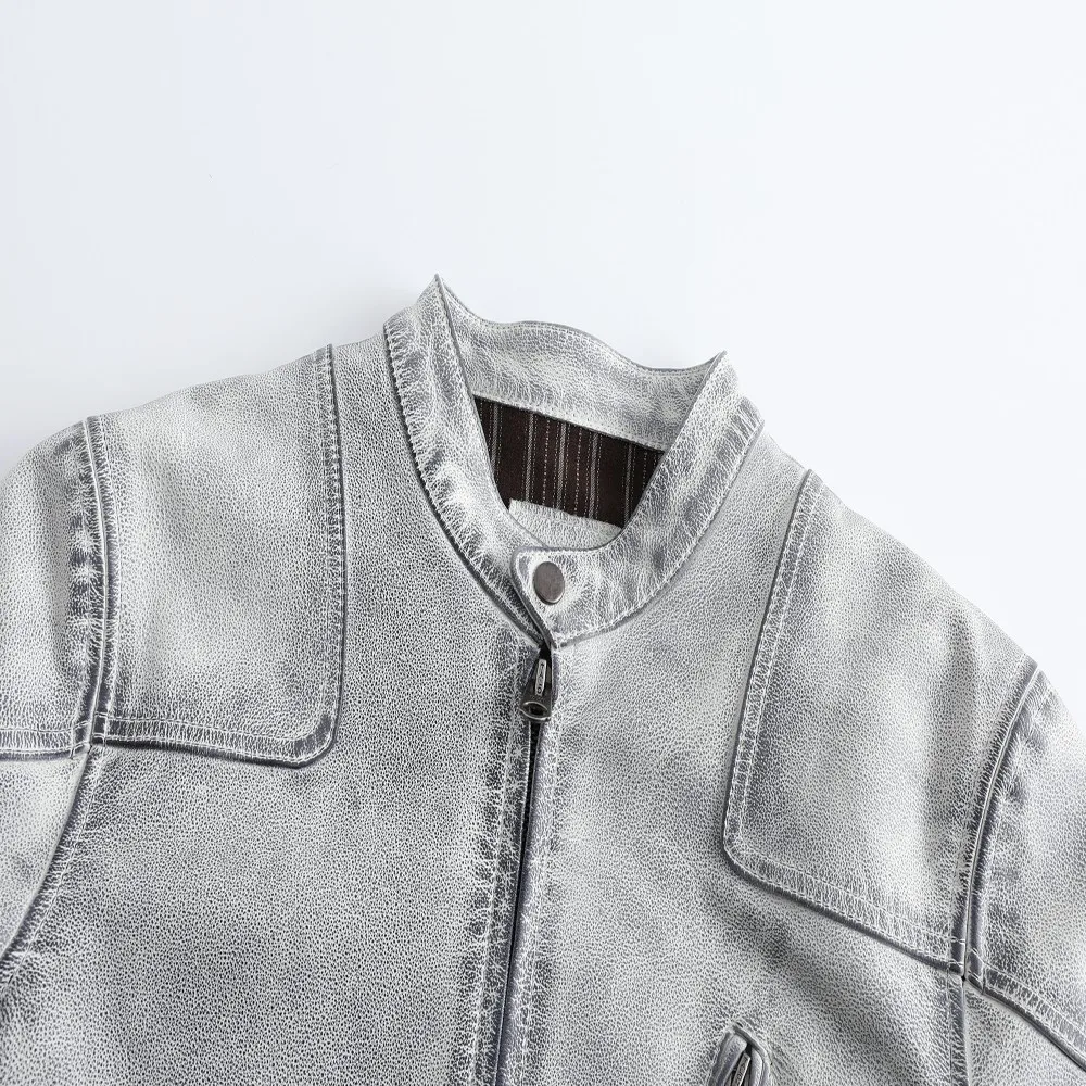 Vintage Distressed Genuine Leather Jacket Men Retro Dirty Finish Stand Collar Classic Real Cowhide Leather Coat Fashion Casual D