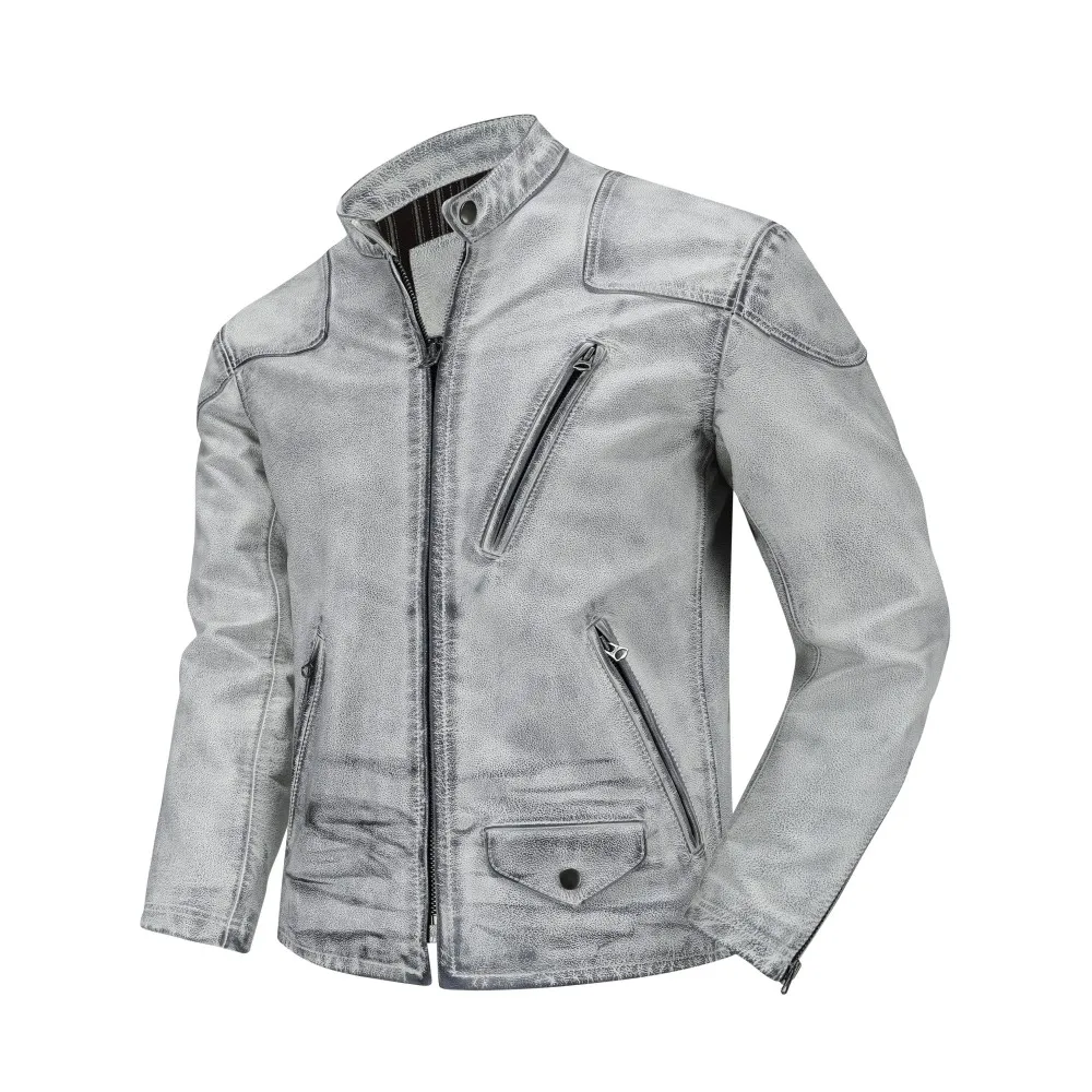 Vintage Distressed Genuine Leather Jacket Men Retro Dirty Finish Stand Collar Classic Real Cowhide Leather Coat Fashion Casual D