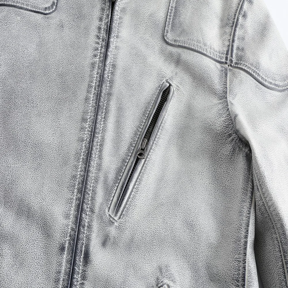 Vintage Distressed Genuine Leather Jacket Men Retro Dirty Finish Stand Collar Classic Real Cowhide Leather Coat Fashion Casual D
