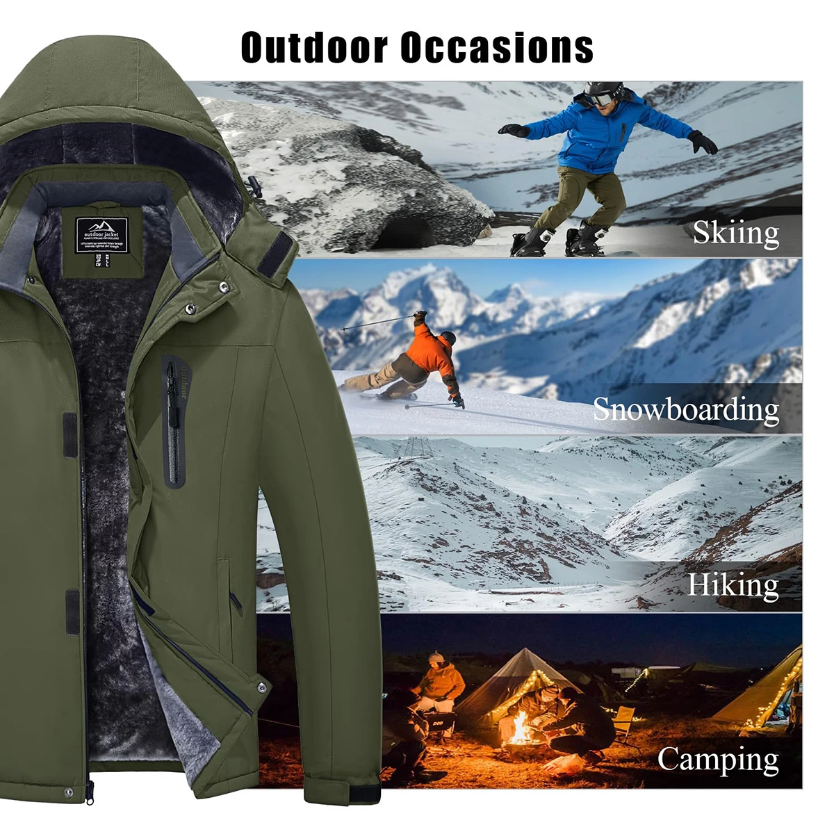 Men’s Winter Waterproof Fleece Jacket Warm Windproof Hooded Ski Snowboard Hiking Outdoor Parka Coat Multi-Pocket