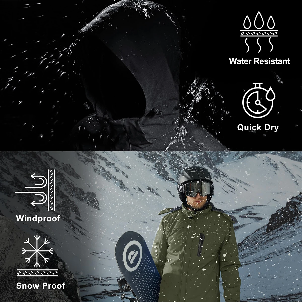Men’s Winter Waterproof Fleece Jacket Warm Windproof Hooded Ski Snowboard Hiking Outdoor Parka Coat Multi-Pocket