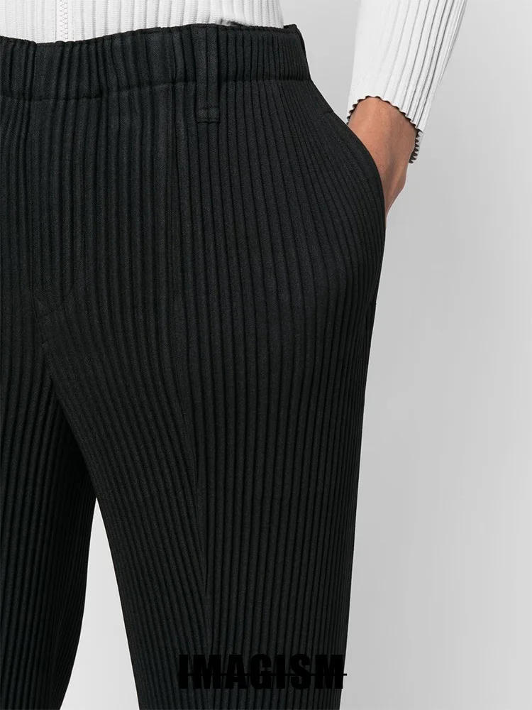 Miyake High Quality Loose Leggings Men's Wrinkled Casual Western Pants Straight Tube Mid Seam Pants Japanese Streetwear