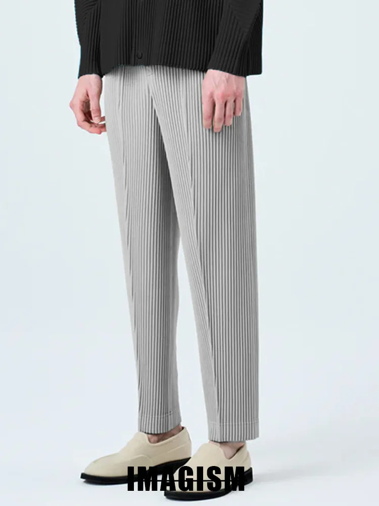 Miyake High Quality Loose Leggings Men's Wrinkled Casual Western Pants Straight Tube Mid Seam Pants Japanese Streetwear