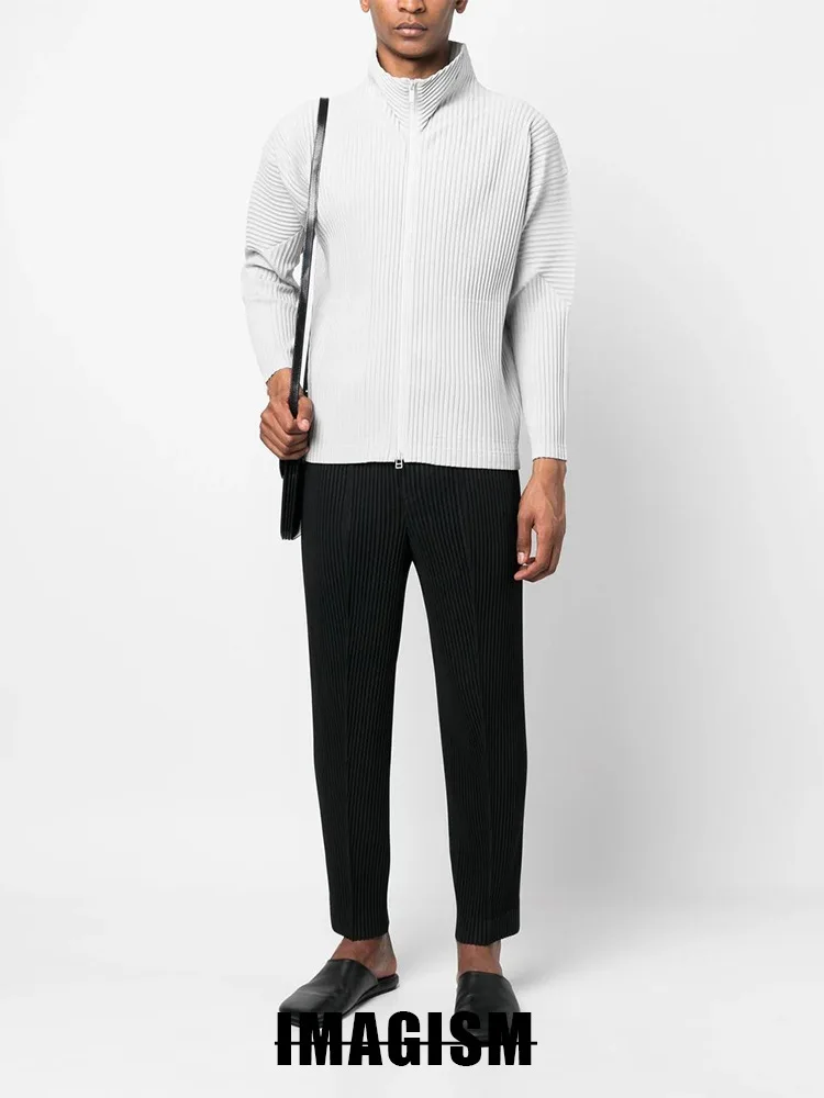 Miyake High Quality Loose Leggings Men's Wrinkled Casual Western Pants Straight Tube Mid Seam Pants Japanese Streetwear
