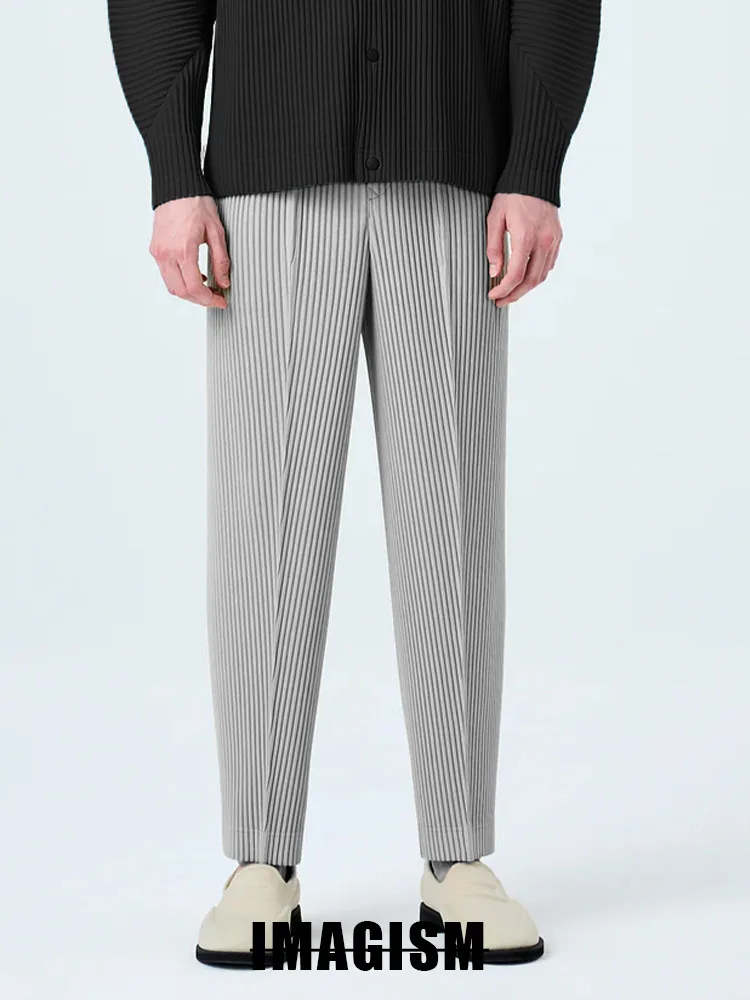 Miyake High Quality Loose Leggings Men's Wrinkled Casual Western Pants Straight Tube Mid Seam Pants Japanese Streetwear
