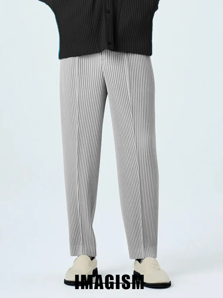 Miyake High Quality Loose Leggings Men's Wrinkled Casual Western Pants Straight Tube Mid Seam Pants Japanese Streetwear