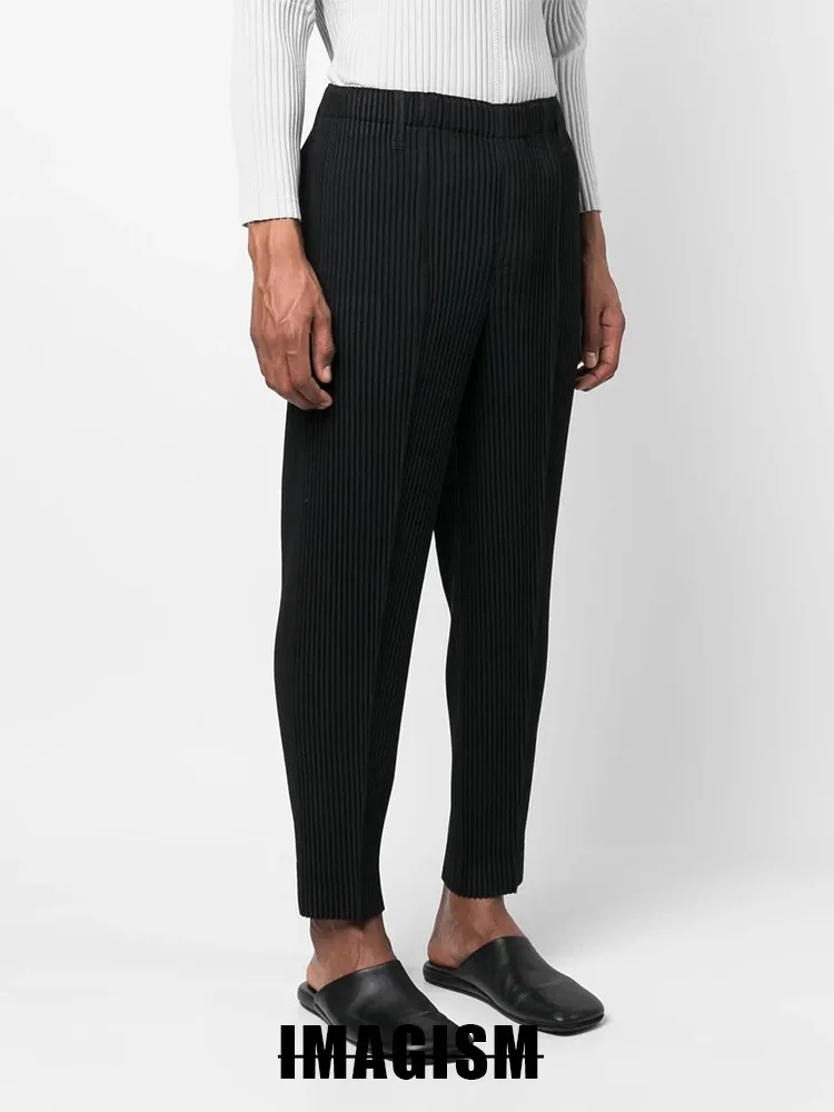 Miyake High Quality Loose Leggings Men's Wrinkled Casual Western Pants Straight Tube Mid Seam Pants Japanese Streetwear