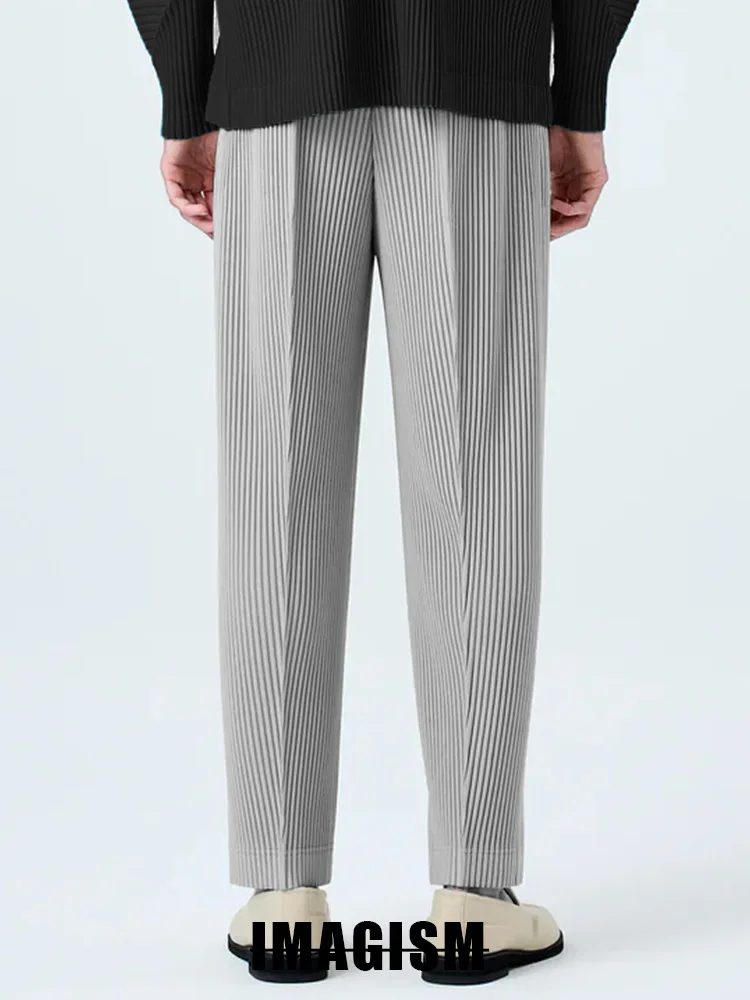 Miyake High Quality Loose Leggings Men's Wrinkled Casual Western Pants Straight Tube Mid Seam Pants Japanese Streetwear