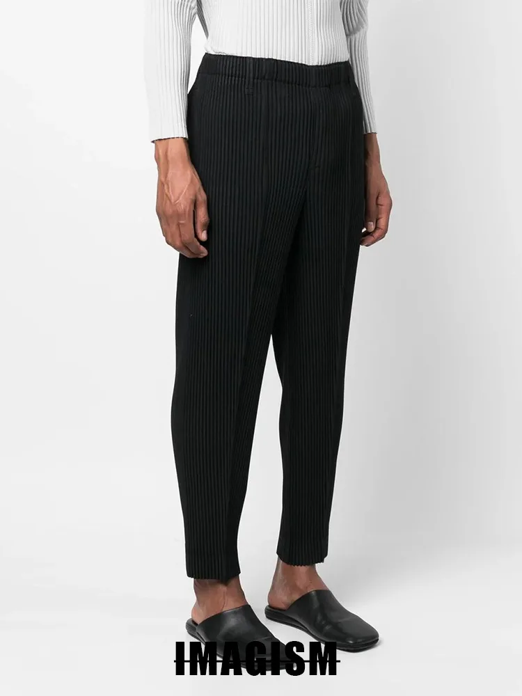 Miyake High Quality Loose Leggings Men's Wrinkled Casual Western Pants Straight Tube Mid Seam Pants Japanese Streetwear