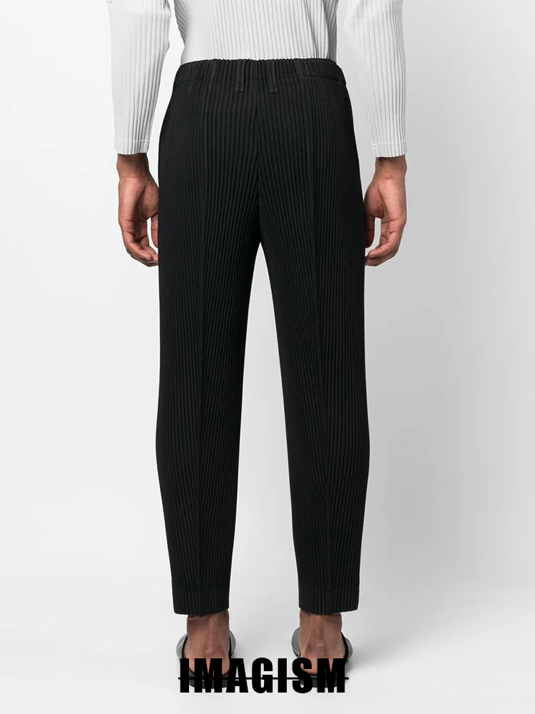 Miyake High Quality Loose Leggings Men's Wrinkled Casual Western Pants Straight Tube Mid Seam Pants Japanese Streetwear