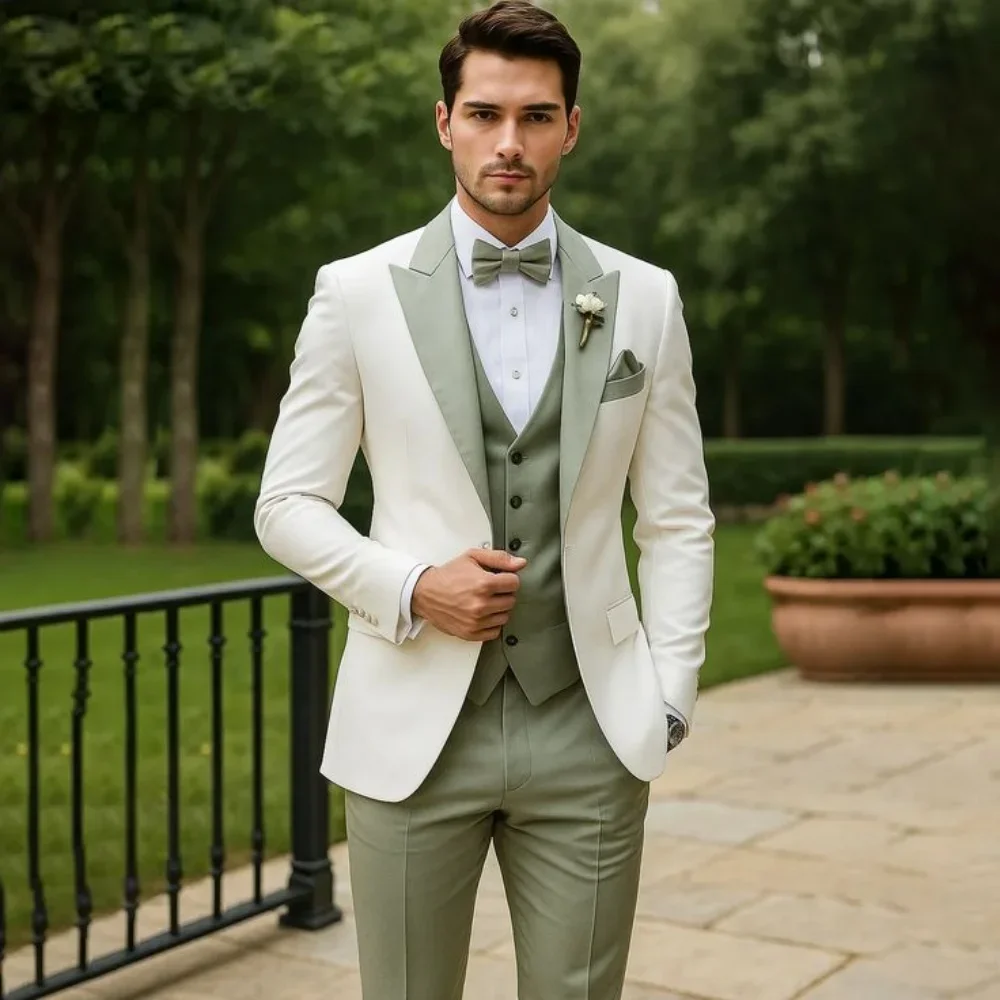 Slim Fit Wedding Tuxedo for Groom 3 Pieces Formal Men Suits for Outdoor Prom Party Ceremony Fashion Set (Jacket + Pants + Vest)